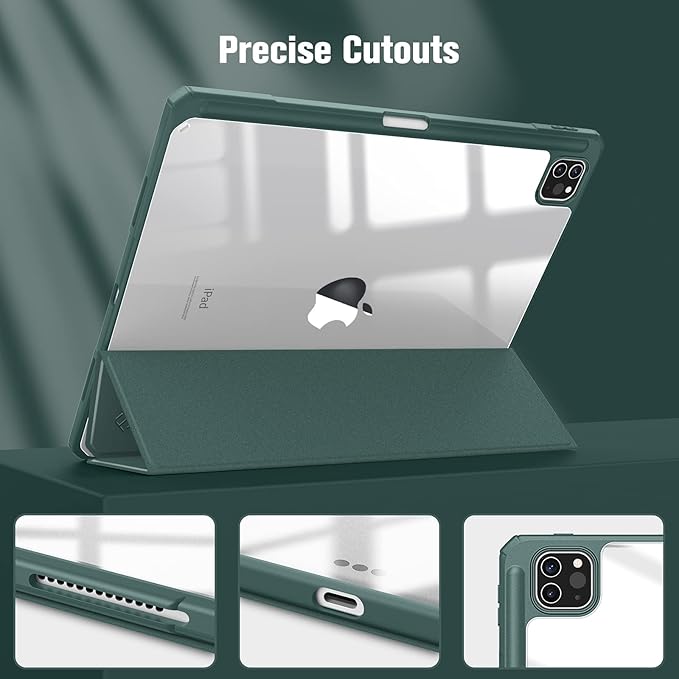 Fintie Hybrid Slim Case for iPad Pro 12.9-inch 6th Generation 2022, [Built-in Pencil Holder] Shockproof Cover w/Clear Transparent Back Shell, Also Fit iPad Pro 12.9" 5th/4th/3rd Gen, Midnight Green