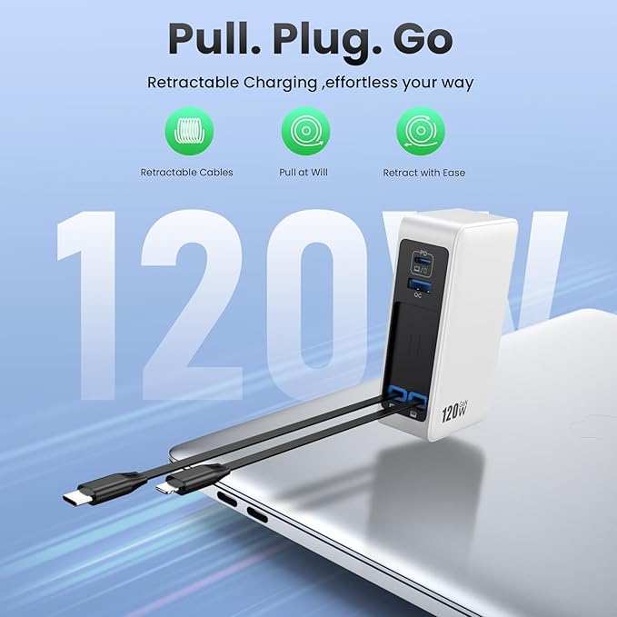USB C Charger Block 120W with Built-in 2 Retractable Cables,4-in-1 GaN IV Charger Fast Charging Foldable Plug Wall Charger,PD 65W Laptop Charger for MacBook,iPad,iPhone 17/16/15,Galaxy,Android-White