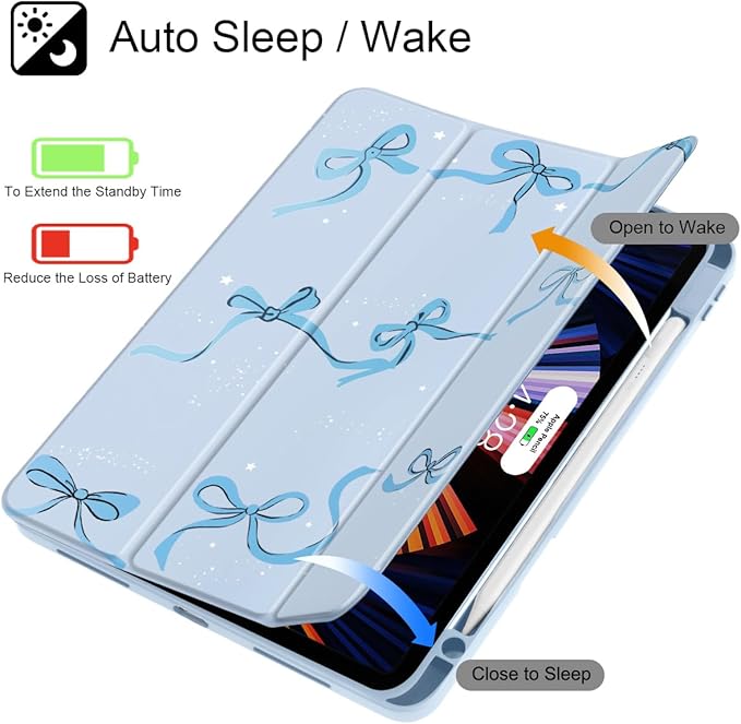 May Chen Case for iPad Pro 11-Inch M5/M4 2025/2024 (6th/5th Generation), Clear Transparent Print Back Shell Slim Stand Shockproof Tablet Cover, Auto Wake/Sleep, Bows Blue
