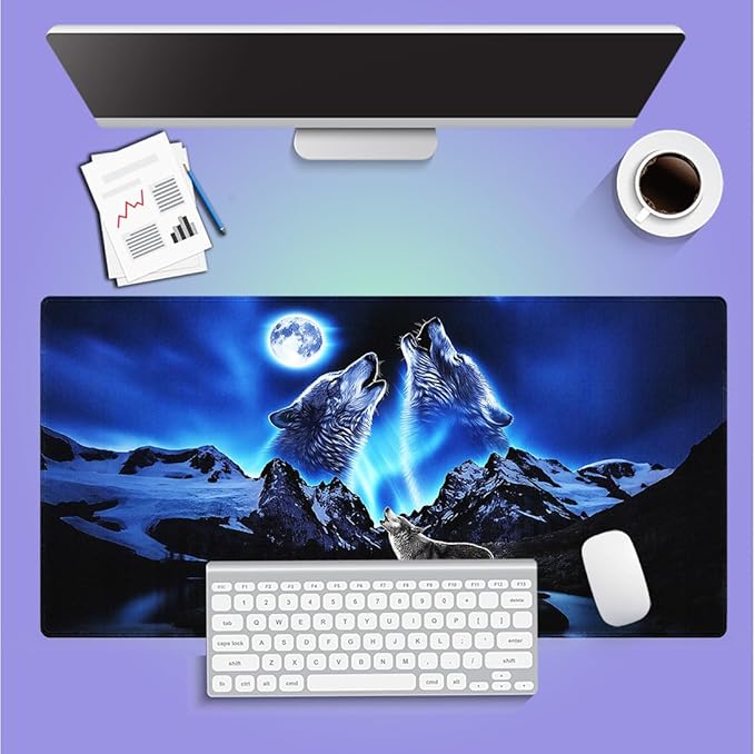 Large Gaming Mouse Pad (31.5" x 15.8") - Wolves Howling at The Moon Grey Wolf Bright Moonlight Great Snowy Mountain, Extra XXL Extended Office Accessories, Premium Stitched Anti-Slip Desk Mat