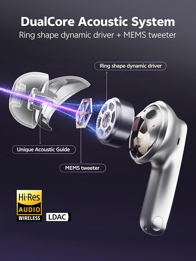 QCY MeloBuds N70 Aadptive Hybrid Active Noise Cancelling Wireless Earbuds, Bluetooth 6.0 with 6 Mics Clear Call, LDAC Hi-Res Audio, 50H Playtime, Wireless Charging, IPX5 Waterproof