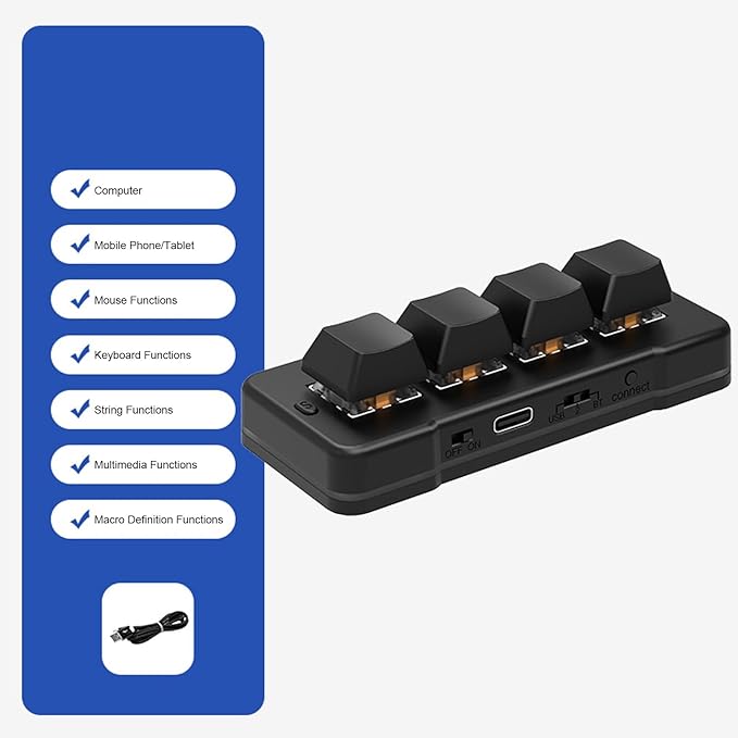 ASHATA 4 Key Mini Keypad, Wireless Bluetooth & Wired USB Customized Programmable Macro Keyboard with RGB Backlit for Phone Computer Tablet, Hot Swappable, Plug and Play