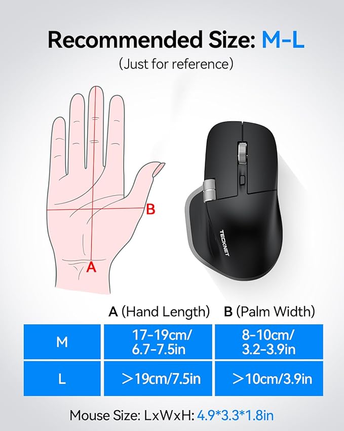 TECKNET Wireless Mouse, Bluetooth Mouse (BT5.3/5.0 & 2.4G) Rechargeable Ergonomic Optical Mouse with 6 Adjustable DPI, Side Scroll, Quiet Clicks, USB A Receiver, 7 Buttons, Wide Compatibility - Black