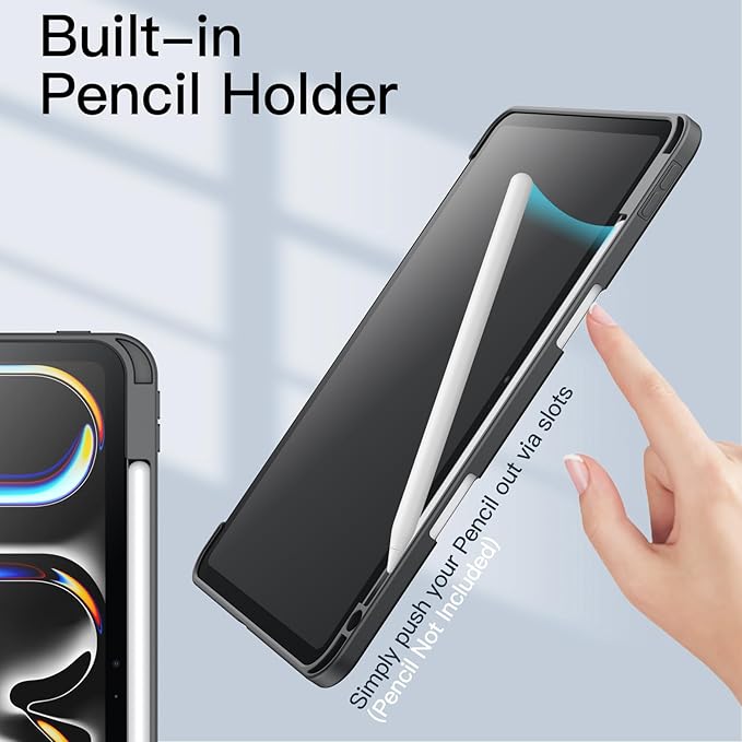 JETech Case for iPad Pro 11-Inch M5/M4 2025/2024 (6th/5th Generation) with Pencil Holder, Clear Transparent Back Shell Slim Stand Shockproof Tablet Cover, Auto Wake/Sleep (Space Gray)
