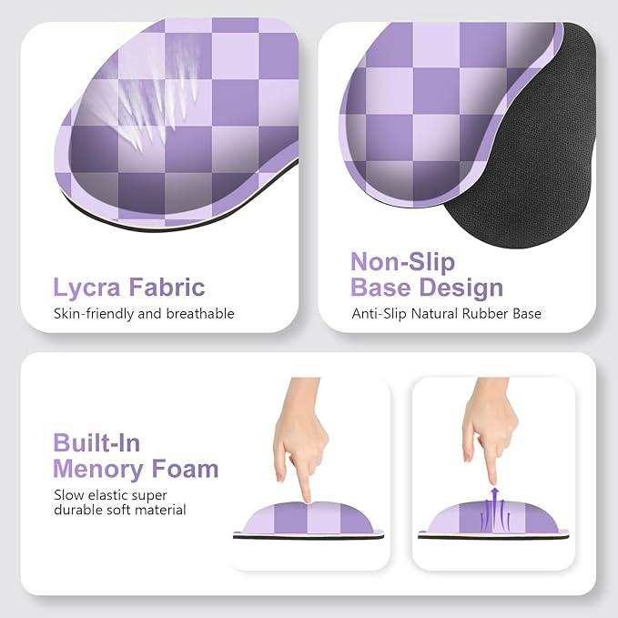 Large Gaming Mouse Pad Set, 4 in1 Ergonomics Keyboard Desk Mat with Memory Foam Wrist Rest, Extended Game Mousepad, Non-Slip Desk Pad Matt Easy Typing Pain Relief I Light Purple Checkered