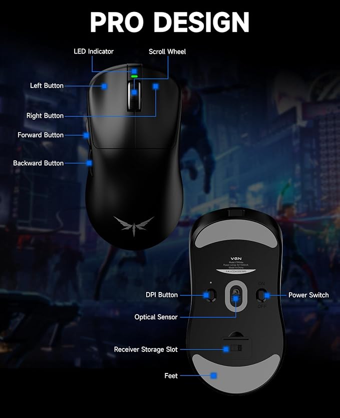 VGN Dragonfly F1 MOBA Wireless Gaming Mouse, 55g Ultralight, PAW3395 26K DPI Optical Sensor, Optimized Tactile Click Feel, Anti-Slip Silver Coating Grip, 4000Hz Polling Supported, Esports Mouse, Black