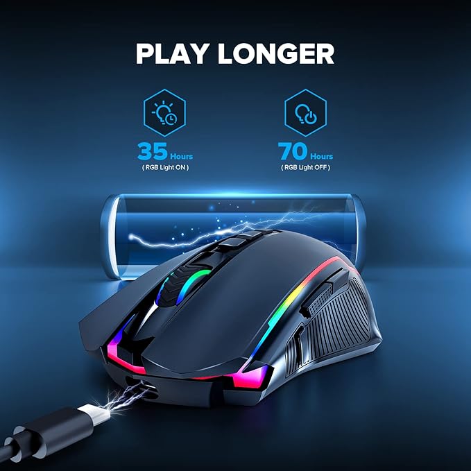 Redragon Gaming Mouse, Wireless Mouse Gaming with 8000 DPI, PC Gaming Mice with Fire Button, RGB Backlit Programmable Ergonomic Mouse Gamer, Rechargeable, 70Hrs for Windows, Mac Gamer, Black