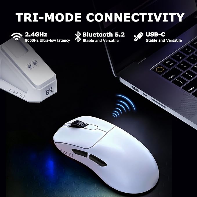 AJ179PRO PAW3395 26000 DPI Gaming Mouse, 8000Hz Polling Rate, 58g Ultra-Light, Tri-Mode (2.4G/Wired/Bluetooth 5.2), Magnetic RGB Charging Dock, Ergonomic Right-Hand Design, White
