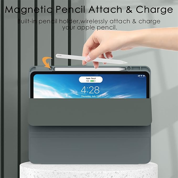 Soke Case for iPad Pro 12.9 Inch (6th/5th/4th/3rd Generation, 2022/2021/2020/2018) - Pencil Holder + Auto Sleep/Wake + Camera Protection, Transparent Shockproof Back Cover, Gray