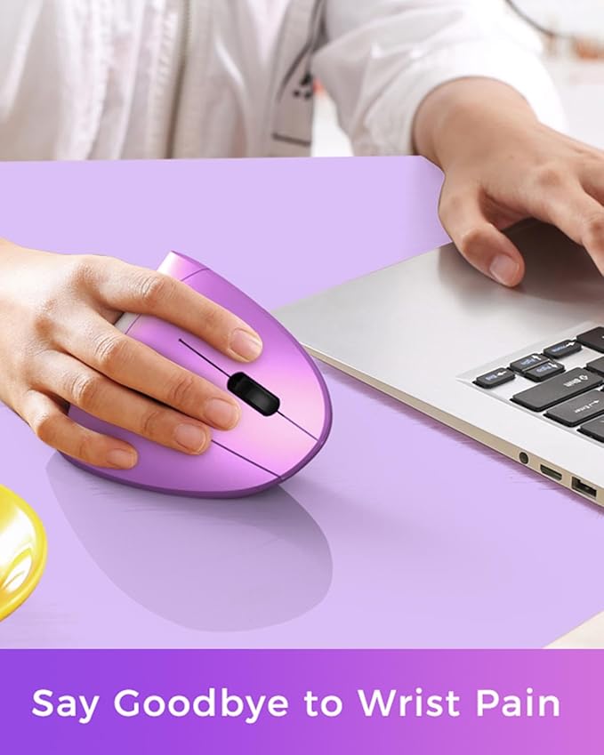 Lekvey Ergonomic Mouse, Wireless Vertical Mouse Rechargeable 2.4 GHz Optical Carpal Tunnel Mice : 800/1200 / 1600 DPI, 6 Buttons, for Laptop, PC, Mac, Computer, Desktop, Notebook etc, Purple