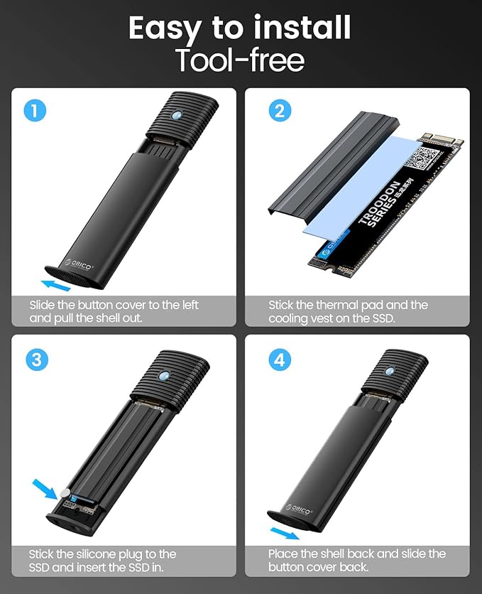 ORICO M.2 NVMe SATA SSD Enclosure Adapter Tool-Free, USB C 3.2 Gen 2 10Gbps NVMe, 5Gbps NGFF SATA PCIe M-Key(B+M Key) 2230/2242/2260/2280, Aluminum External M2 Reader Support UASP Trim- BK(G2A)