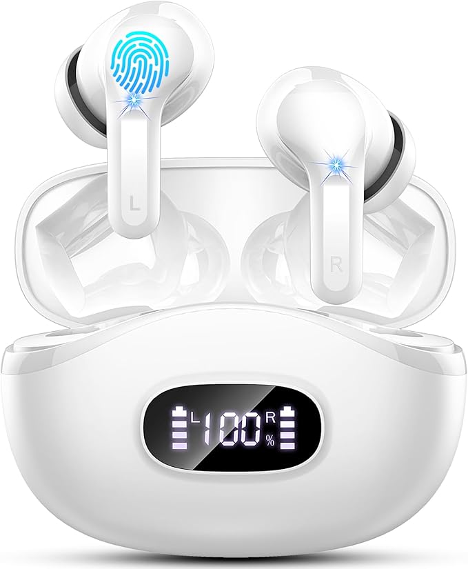 Wireless Earbuds, 48Hrs 2026 Bluetooth Headphones, Hi-Fi Stereo Deep Bass Ear Buds, ENC Noise Cancelling Mic, Clear Calls, IP-X7 Waterproof, USB Sport Earphones in Ear for Phones Laptop Pad, White