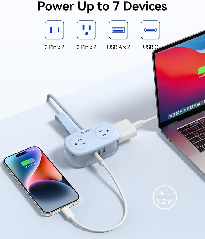 Cruise Approved Travel Power Strip with USB C, ORICO 4 Outlets 3 USB Ports (1 USB C) with 4FT Wrapped Short Extension Cord Small Power Strip, Non Surge Protector for Travel, Cruise Ship-AP3