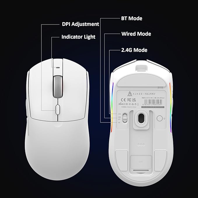 AJ139 V2 MC Wireless Gaming Mouse 2.4G Wired/Bluetooth | RGB Magnetic Charging Dock | Lightweight Design | 12K DPI | 500mAh Battery | PAW3311 Sensor | 5 Programmable Buttons, Compatible with PC/Mac