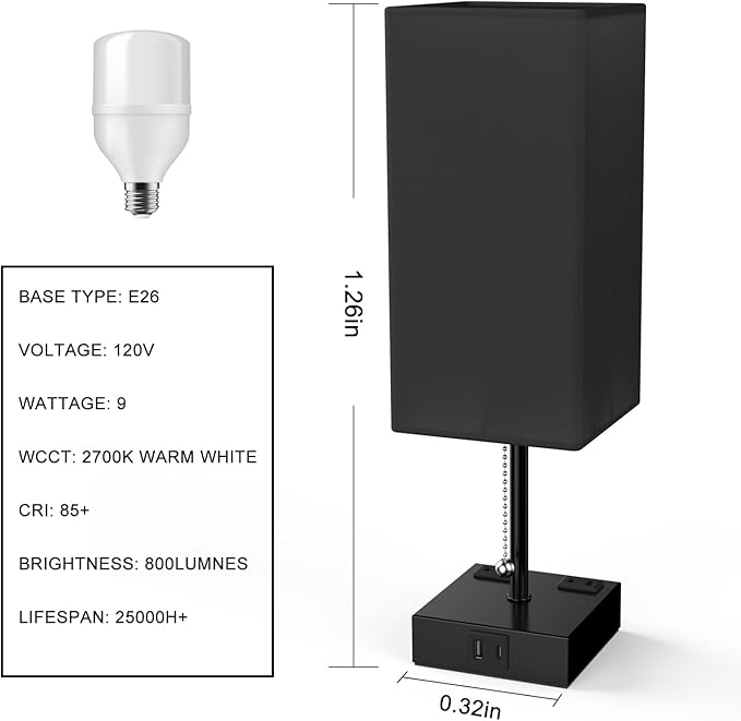YIDPU Table Lamp for Bedroom with USB,Bedside Lamp with USB C+A Charging Ports,Adjustable 3color LED Light for Home Decor/Nightstand/Office,Included Bulb and Fabric Lamp Shade (Linen Black, 1PCS)