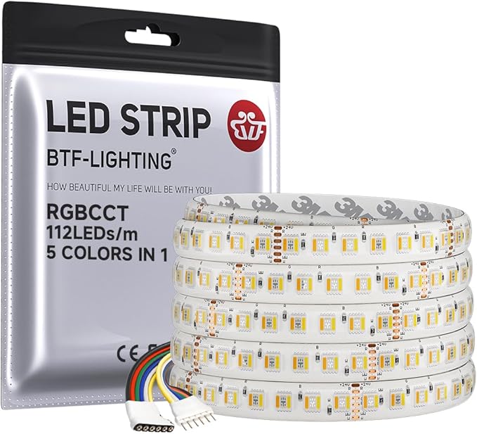 BTF-LIGHTING Highest Density RGBCCT 5 Colors in 1 LED 5050SMD RGB+ Tunable Color Temperature 2700K-6500K 16.4ft 112LEDs/m DC24V Multi-Colored IP65 12mm Width White LED Tape(No Adapter or Controller)