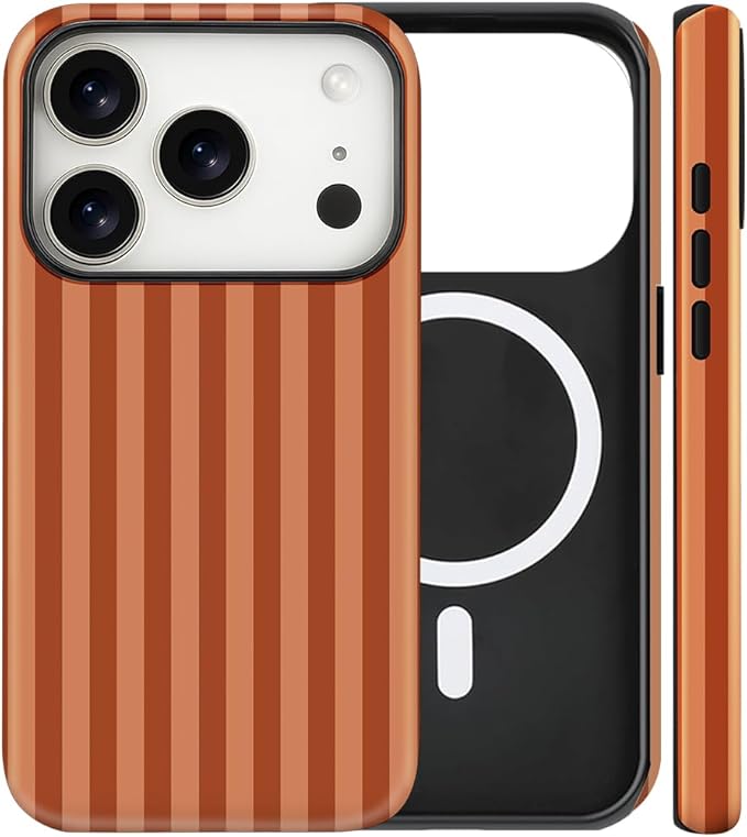 Magnetic for iPhone 17 Pro Max Case Cute Stripes Phone Case, Shockproof Slim TPU and Hard PC Protective Phone Cover Compatible with MagSafe Designed for Women Girls, Deep Brown
