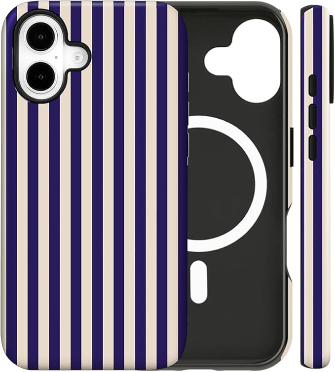 Magnetic for iPhone 17 Case Cute Stripes Phone Case, Shockproof Slim TPU and Hard PC Protective Phone Cover Compatible with MagSafe Designed for Women Girls, Deep Purple