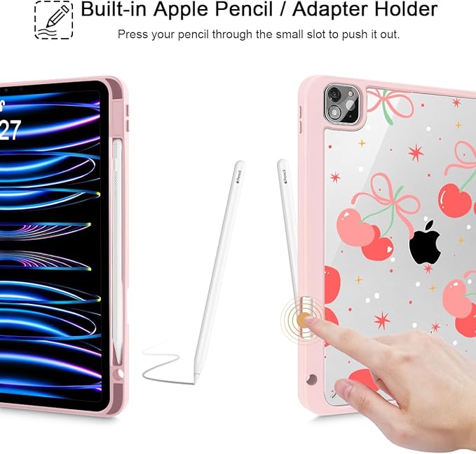 Tuiklol for iPad Pro 11 Inch 4th / 3rd / 2nd / 1st Gen (2022 2021 2020 2018) Case -Built-in Pencil Holder Shockproof Cover Clear Transparent Back Shell with Auto Wake/Sleep, Etro Cherry