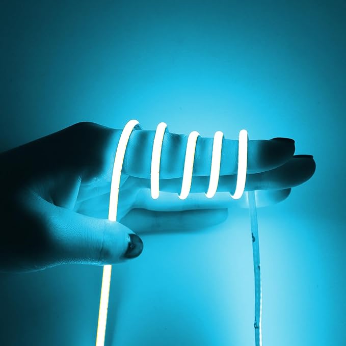 3mm COB Strip Light, DC 24V Ice Blue 16.4ft Flexible Cuttable Ultra-Thin LED Tape CRI>90 Uniform Dotless 400LEDs/M LED Light for for Christmas Bedroom Home Kitchen Cabinet Decor (NO Power Supply)