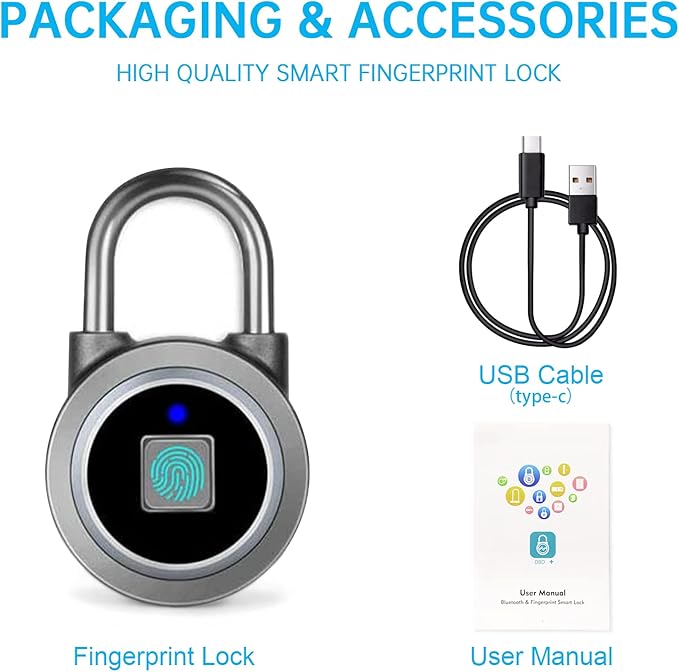 Fingerprint Padlock, Bluetooth Lock, Mobile APP, MEGAFEIS Smart Padlock with Keyless Biometric, Water Resistant, Suitable for Gym, Sports, Bike, School, Locker and Storage(Grey)