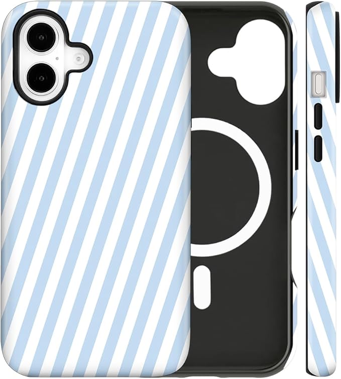 Magnetic for iPhone 17 Case Cute Diagonal Stripes Phone Case, Shockproof Slim TPU and Hard PC Protective Phone Cover Compatible with MagSafe Designed for Women Girls,Blue