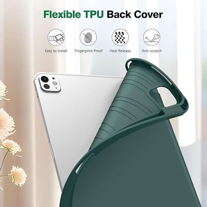 Fintie SlimShell Case for iPad Pro 11-inch (M5) 2025 / (M4) 2024 - [Built-in Pencil Holder] Soft Flexible TPU Protective Stand Back Cover, Midnight Green