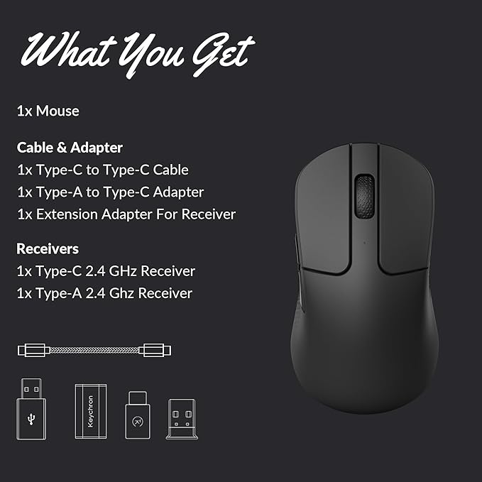 Keychron M3 Mini Wireless Optical Mouse, Bluetooth 5.1/2.4 GHz/Wired Gaming Mouse, Programmable PixArt 3311 Sensor with up to 26,000 DPI/ 650 IPS, Lightweight Ergonomic for Windows Mac Linux - Black