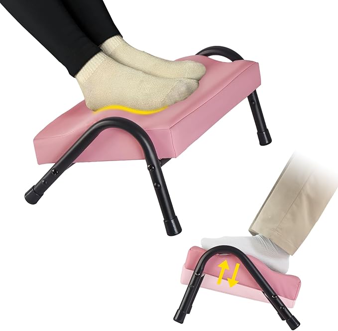 FUSLITE Foot Rest for Under Desk at Work, Ergonomic Foot Rest for Office Use, Adjustable Heights, Relieving Pain in Lower Back, Hip, Knee (Leather Pink)