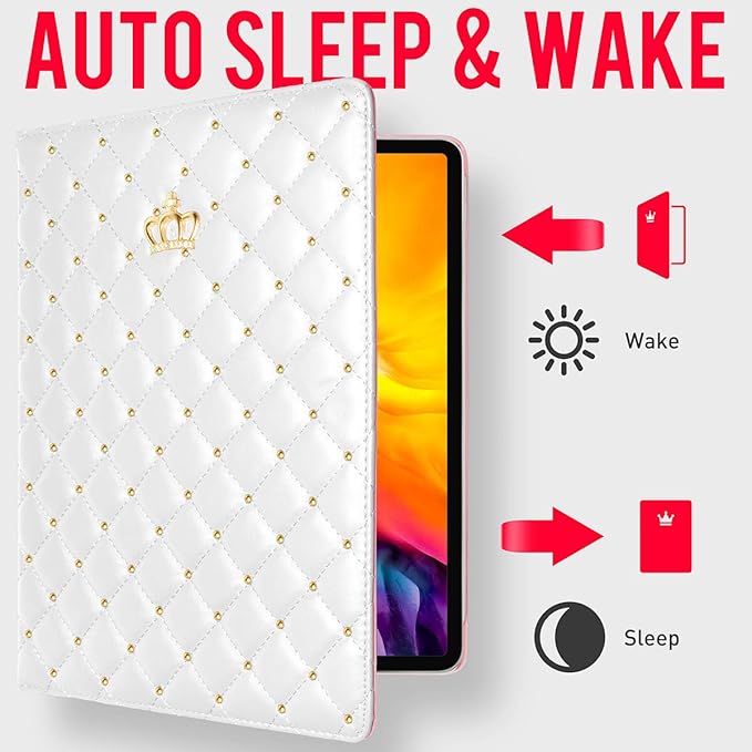 Changjia for iPad Pro 11 inch Case 2022(4th Gen)/2021(3rd Gen)/2020(2nd Gen)/2018 (1st Gen), Cute Crown Bling Diamond PU Leather Smart Auto Sleep/Wake Stand Shockproof Cover for iPad Pro 11 Inch,White