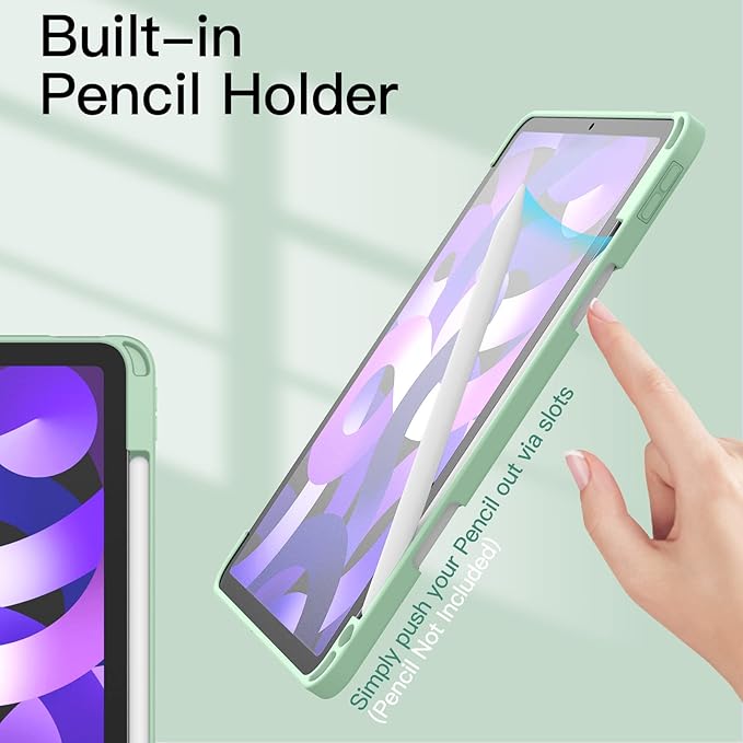 JETech Case ONLY for iPad Air 11-Inch M4/M3/M2 (2026/2025/2024), iPad Air 5/4 (2022/2020 5th/4th) with Pencil Holder, Clear Transparent Back Slim Stand Shockproof Tablet Cover (Green)