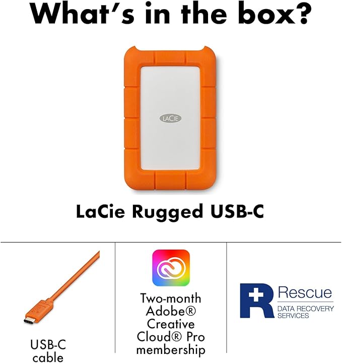 LaCie Rugged USB-C 2TB External Hard Drive Portable HDD – USB 3.0 compatible, Drop Shock Dust Rain Resistant, for Mac and PC Computer Desktop Workstation Laptop, 1 Month Adobe CC (STFR2000800)