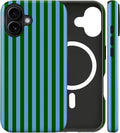 Magnetic for iPhone 16 Case Cute Stripes Phone Case, Shockproof Slim TPU and Hard PC Protective Phone Cover Compatible with MagSafe Designed for Women Girls, Green and Blue
