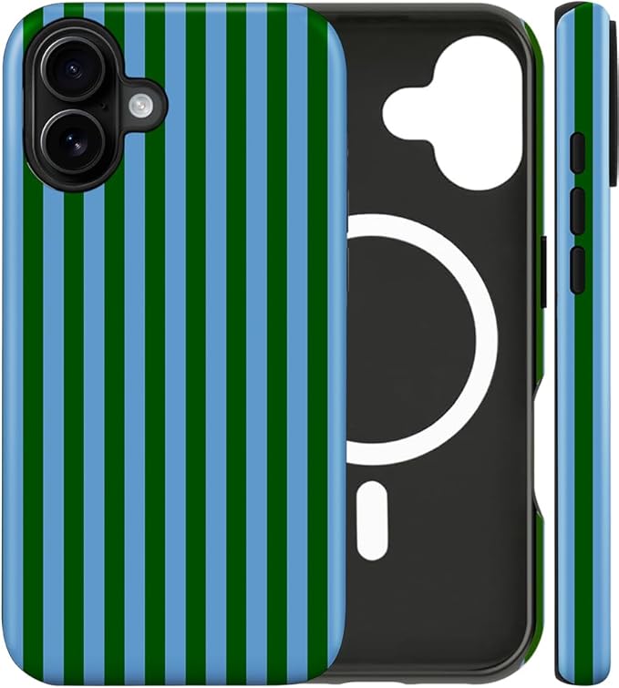 Magnetic for iPhone 16 Case Cute Stripes Phone Case, Shockproof Slim TPU and Hard PC Protective Phone Cover Compatible with MagSafe Designed for Women Girls, Green and Blue