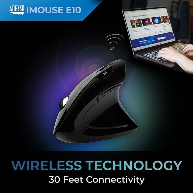 Adesso iMouse E10 - Vertical Ergonomic Optical 6-Button 2.4 GHz RF Wireless Mouse - Right Hand Orientation, Black