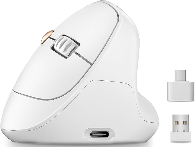 Ergonomic Vertical Wireless Mouse, 57° Natural Handshake for Wrist Pain Relief, Rechargeable 2.4G USB Computer Mouse, Quiet Click, 800/1200/1600 DPI, for Laptop PC Mac, Small/Medium Hands (White)