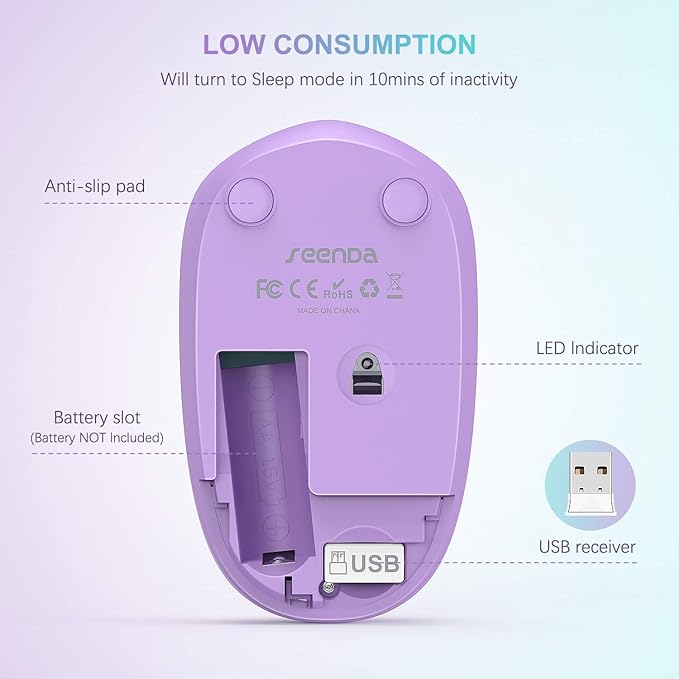 seenda Wireless Mouse for Laptop, 2.4G Noiseless Mouse with USB Receiver - Optical Tracking Portable Computer Mice for Chromebook, PC, Tablet, Windows System, 24 Months Battery Life -Mint Green&Purple