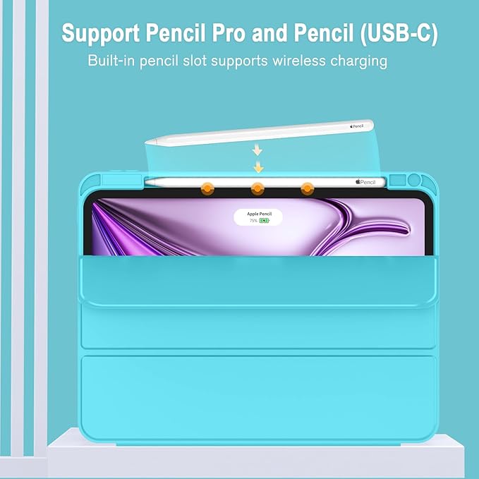 ZryXal New iPad Air 13 Inch Case M3 2025/M2 2024 with Pencil Holder, Trifold Stand Smart Case with Soft TPU Back,Auto Wake/Sleep(Cyan)
