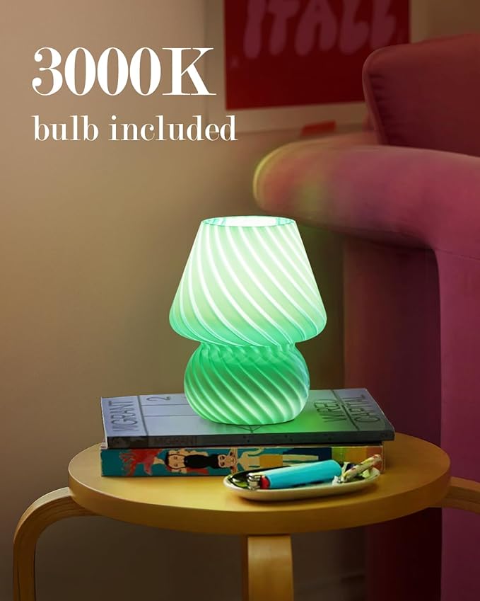 ONEWISH Mushroom Lamp - Small Table Lamp with Striped Glass, Nightstand Lamp for Bedroom, Living Room, Cafe, Office, Bulb Included, for Girls Women Birthday Christmas Thanksgiving, Sage Green