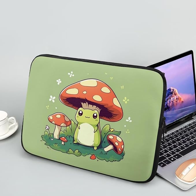Cute Frog Laptop Protective Sleeve for Women Men 15 Inch Computer Sleeve Neoprene Laptop Bag Mushroom Lap Top Case Suitable for Travel School Office Organizers Green