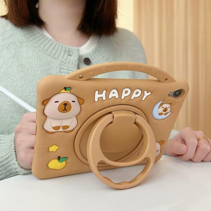 3D Cute Press Capybara Case for iPad mini 7 (A17 Pro) 2024/Mini 6 2021 8.3 inch,Kawaii Cartoon Character Capybara Soft Silicone Rotating Stand Case with Lanyard for Kids Teens Girls Women