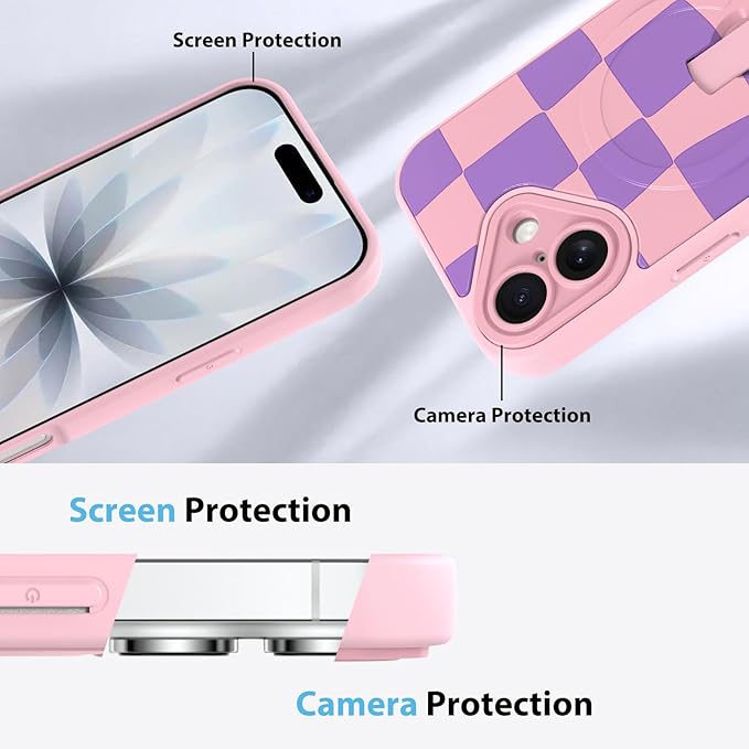 KANGHAR Compatible with iPhone 17 Case, Support for MagSafe, Silicone Checkered Cute Pattern, Wristband Kickstand Camera Protection Soft Slim Cover for Girls Women -Pink