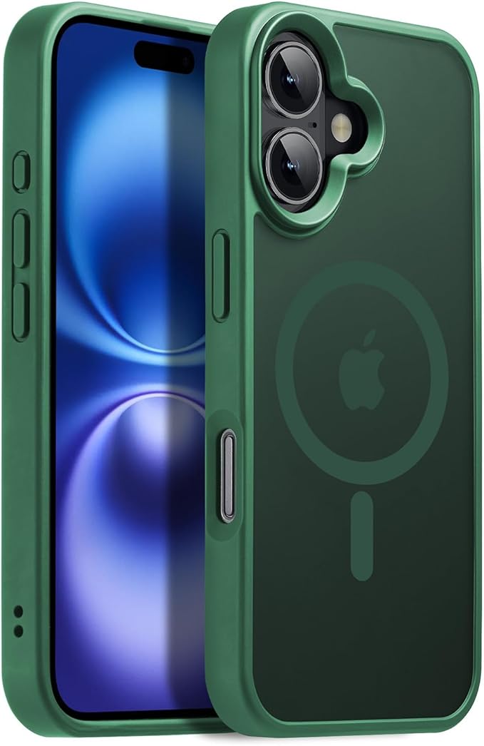 Magnetic Case for iPhone 16 Case [10FT-Grade Drop Tested & Compatible with MagSafe] Translucent Anti-Fingerprint Shockproof Protective Cover 6.1 Inch,Dark Green