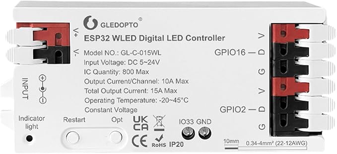 GLEDOPTO ESP32 WLED LED Strip Controller Dynamic RGB IC IO33 DIY Port App Control Easy Wiring Terminal for WS2811 WS2812 SK6812 TM1814 WS2813 WS2815 FCOB Addressable Strip Light