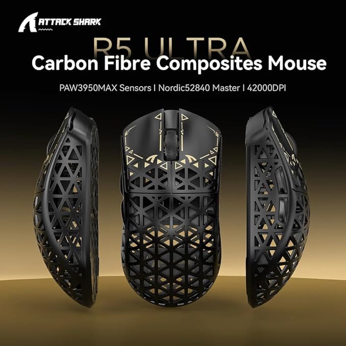 ATTACK SHARK R5Ultra 8K Carbon Fiber Wireless Gaming Mouse with 42000 DPI -PAW3950 MAX Sensor -39g Ultra-Lightweight-Nordic 52840 MCU Chip-Wired/BT/2.4GHz Wirelss Programmable Mouse for PC/Mac (Black)
