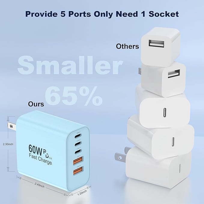 USB C Charger Block, 60W 5 in 1 Charging Blocks, PD 3.0 Fast Charger, QC 2A Blue Wall Plug Multiport Type C Charging Block for iPhone 17 16 15 14 13 12 Pro Max, iPad, iPod, Samsung, AirPods Pro