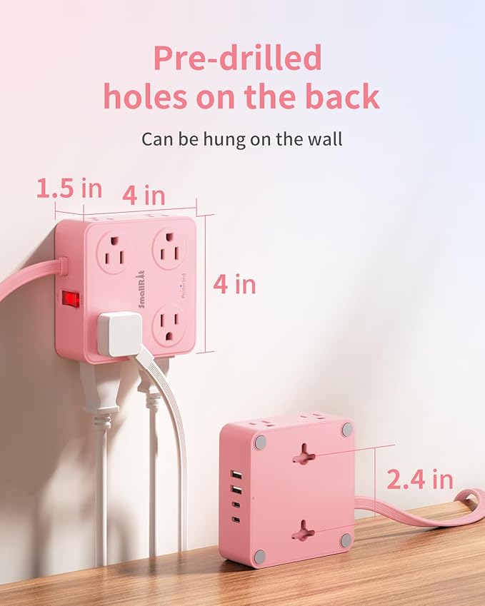 Power Strips with Surge Protection, SMALLRT Extension Cord with Multiple Outlets, 10FT Flat Plug Power Strip with USB Ports, 8 Outlets, Outlet Extender Surge Protector Outlet for Home Office, Pink