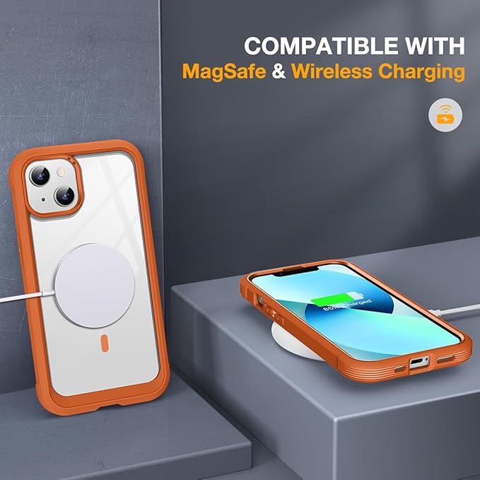 Miracase for iPhone 13 Case 6.1'',Full-Body Magnetic Clear Bumper Case with Built-in 9H Tempered Glass Screen Protector,Military Drop Protection Outdoor Phone Case,Orange