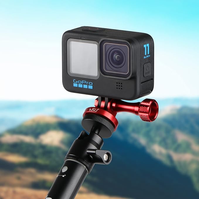 HSU Aluminum Tripod Mount Adapter for GoPro, Hero 12/11/10/9/8/7/6/5/4/3 Action Camera Monopod Mount with Thumbscrew (Red)