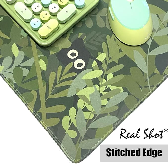 Kawaii Cat Mouse Pad Xl-31.5x15.7in-Anime Black Cat Green Plant Desk Mat Pad-Extended Aesthetic Keyboard Mouse Pad-for Desk Kid Girl with Stitched Edges Non-Slip Cozy Office Decor